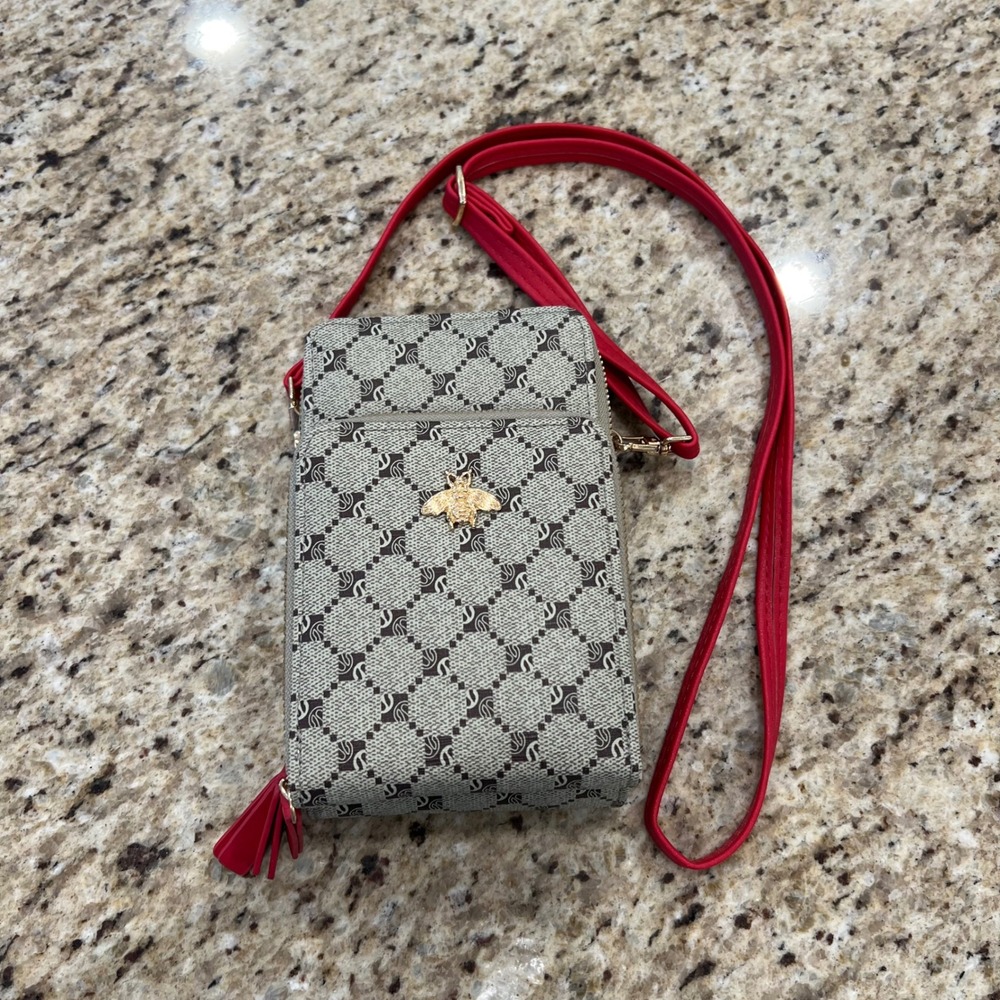 Monogram Bee Cell Phone Crossbody Wallet Bag Red Strap Tan Brown Geometric